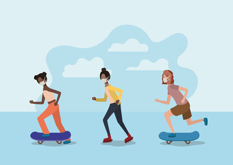 Girls with masks on skateboards and roller skates design of medical care and covid 19 virus theme Vector illustration