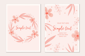 Modern botanical invitation card template with flowers and leaves.Cards with space for text.