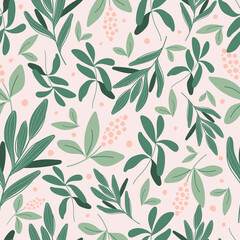 Modern botanical seamless pattern with leaves and flowers. Floral background