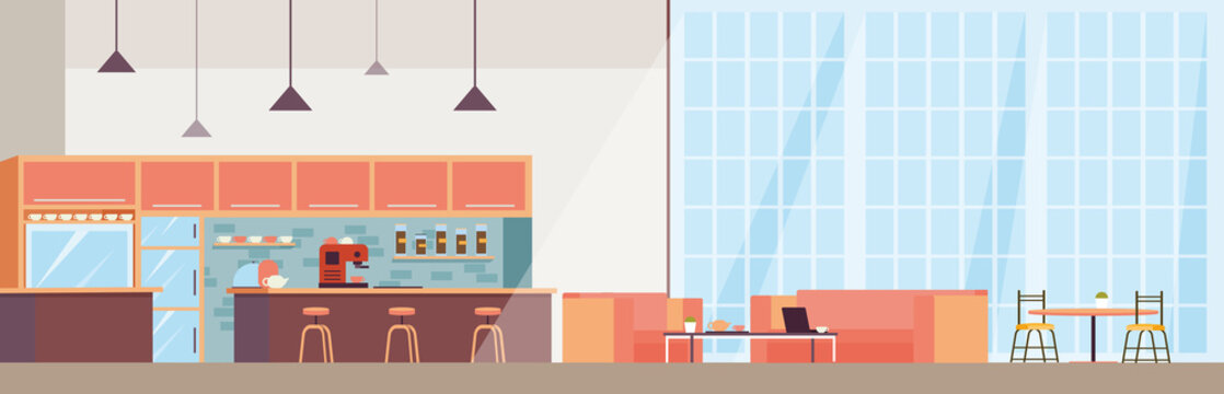 Modern coffee shop interior. Cafe space with barista counter, coffee maker machine, bar with chairs, panoramic window. illustration for restaurant business, cafeteria, coffeehouse concept