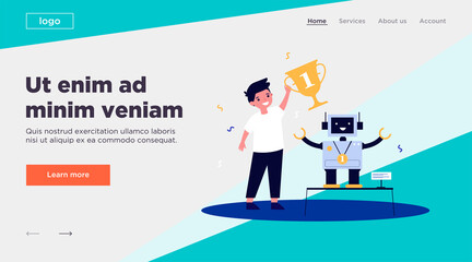 Young engineer making robot and winning award flat vector illustration. Cartoon winner holding cup for electronic toy. School programming project and competition concept