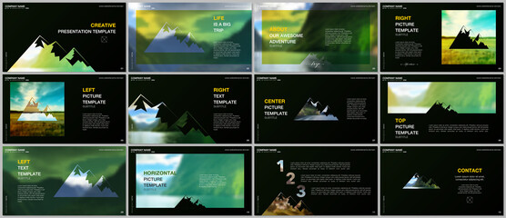 Presentations design, vector templates. Background for tourist camp, nature tourism, camping. Aadventure design concept. Multipurpose template for presentation slide, flyer leaflet, brochure cover.