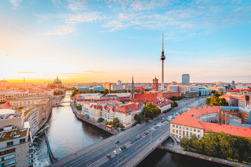 Fototapeta na wymiar Berlin skyline with Spree river at sunset, Germany