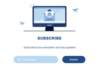 Vector banner of email marketing. Envelope. Subscription to newsletter, news, offers, promotions. Computer, PC. Buttons template. Subscribe, submit. Send by mail. Blue and White. Eps 10