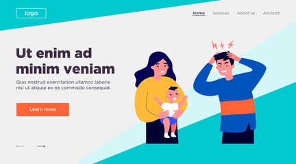 Obraz na płótnie Canvas Young father tired of migraine because of crying baby. Mom holding child and dad touching head flat vector illustration. Depression and headache concept for banner, website design or landing web page