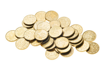 Fifty Euro cent coin currency stacks on white background. European money coins isolated on white