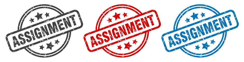 assignment stamp. assignment round isolated sign. assignment label set