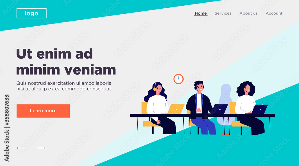 Poster smiling call center operators in office flat vector illustration. cartoon characters with headsets a