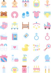 baby shower related water tub, duck, gift box, pillow, book, diaper, cap, socks, carriage, baby faces, safety pin, rattle drum, and genders sign vectors in flat style,