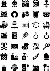 baby shower related water tub, duck, gift box, pillow, book, diaper, cap, socks, carriage, baby faces, safety pin, rattle drum, and genders sign vectors in solid design,