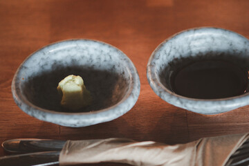 Green wasabi in bowl. Selective focus