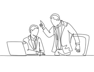 One single line drawing of young upset manager asking staff about sales data performance mistakes. Work problem at the office concept. Trendy continuous line draw design vector graphic illustration