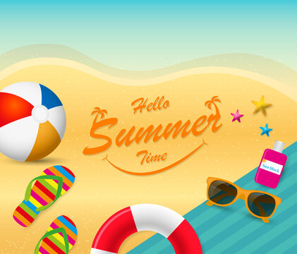 summer holiday background with beach toys, flip flops