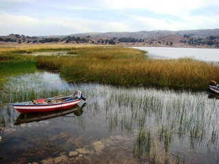 Fisheroat on Peninsula Capachica near Ticonata Island (Lake Titicaca, Puno, Peru)