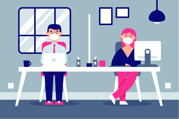 New normal business office people keep social distancing in room. Stop covid-19 coronavirus. New normal lifestyle in job.