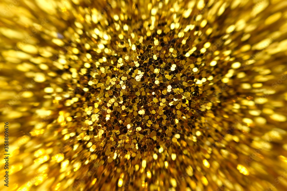 Poster Abstract gold background. Glitter vintage lights background with lights defocused. Christmas and New Year feast bokeh background