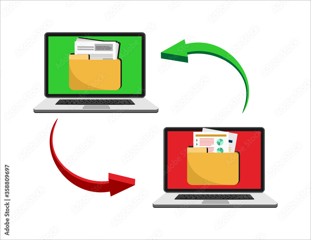 Poster file transfer. two laptops with folders on screen and transferred documents. copy files, data exchan