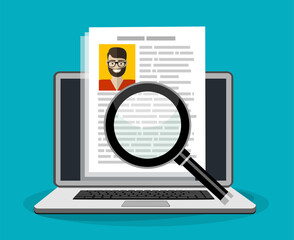 Applying for job, giving CV, job competition out from laptop. Human resources, online job application, job interview vector concept