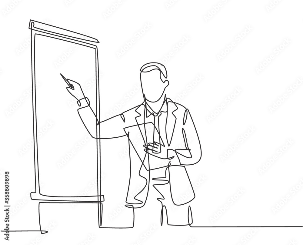 Poster one continuous line drawing of businessman presenter drawing graph chart on screen board while on me