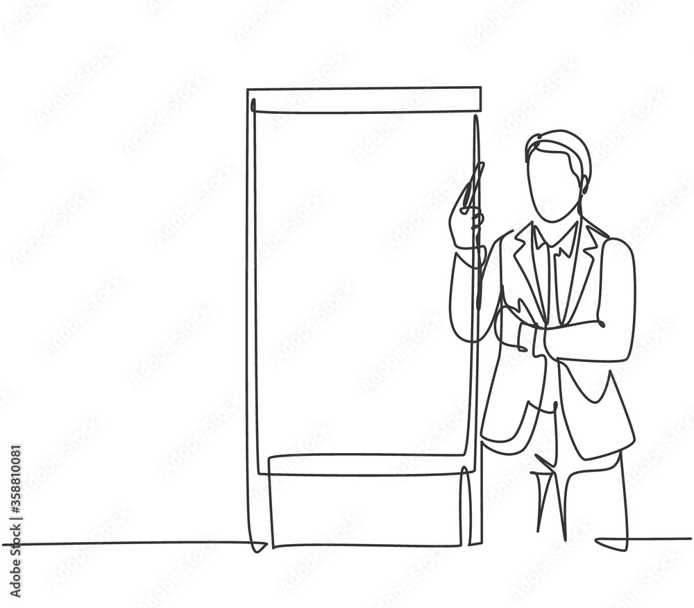 Poster one continuous line drawing of young presenter watching mess data graph on screen and thinking how t