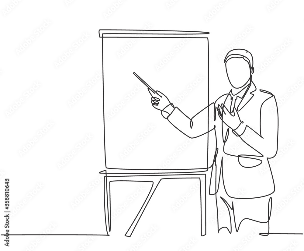 Poster one single line drawing of young manager holding a tablet during business presentation at the office