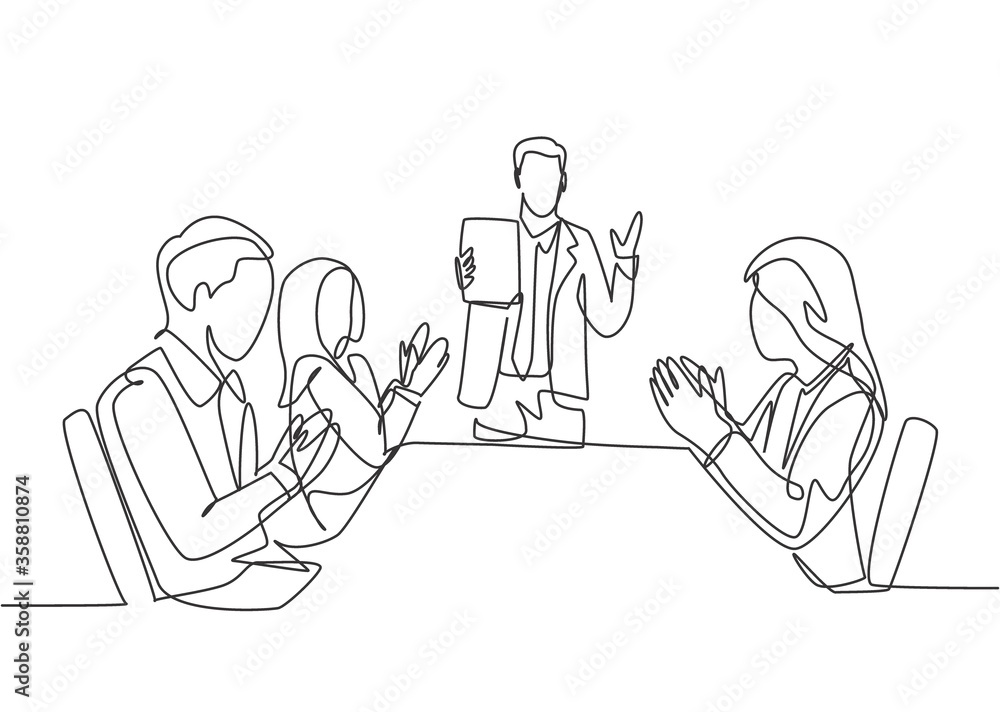 Poster one single line drawing of young happy manager giving interpersonal skill lesson at team meeting in 
