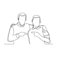 Continuous line drawing of men embrace together in friendship. Vector illustration