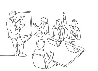 One single line drawing of young business manager giving presentation to train apprentices at the office during meeting. Job training concept continuous line graphic draw design vector illustration