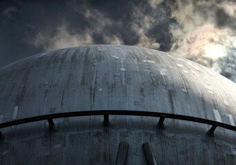 Fototapeta na wymiar Threatening sphere of a gas container with dramatic sky in the background