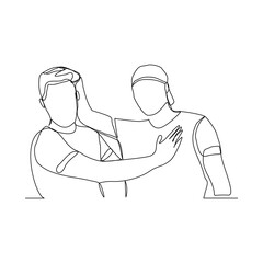 Continuous line drawing of men embrace together in friendship. Vector illustration
