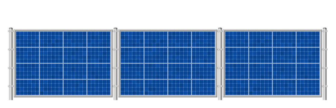 Solar fence. Photovoltaic panels for ecological electricity production. Solar plates collector set. Isolated vector illustration on white background.
