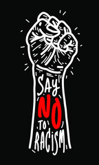 Say no to racism. Vintage hand silhouette poster. Text message. Vector Illustration.
