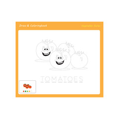 Simple educational draw and coloring game for kids. Illustration of funny Tomatoes. 