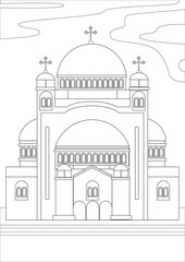 Coloring page with an orthodox cathedral as a concept of a religious temple, outline stock vector illustration in A4 format