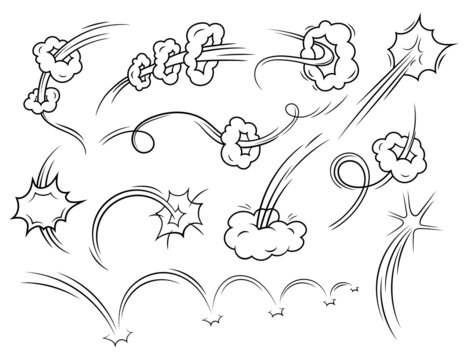 Set of comic style speed line effects. Collection of speed tracks or rocket trail in a funny style. Design element for poster. Smoke cloud from an airplane. Vector illustration on a white background.