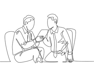Fototapeta na wymiar One continuous line drawing of young marketing manager presenting new strategy to growing product sales to company CEO. Business meeting concept single line draw design vector graphic illustration