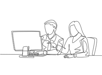 Single continuous line drawing of two young serious male and female worker watching sales chart on computer screen. Sales growth business concept one line draw design graphic vector illustration