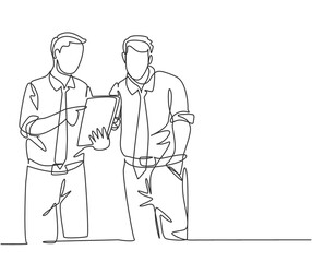 One continuous line drawing of young employee talking to his colleague discussing new company project during meeting. Office talk concept. Trendy single line draw design vector graphic illustration