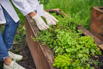 Lady in a lab coat working with seedlings