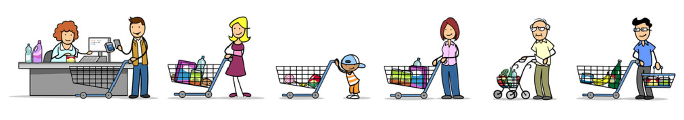 Kunden in Warteschlange mit Abstand im Supermarkt