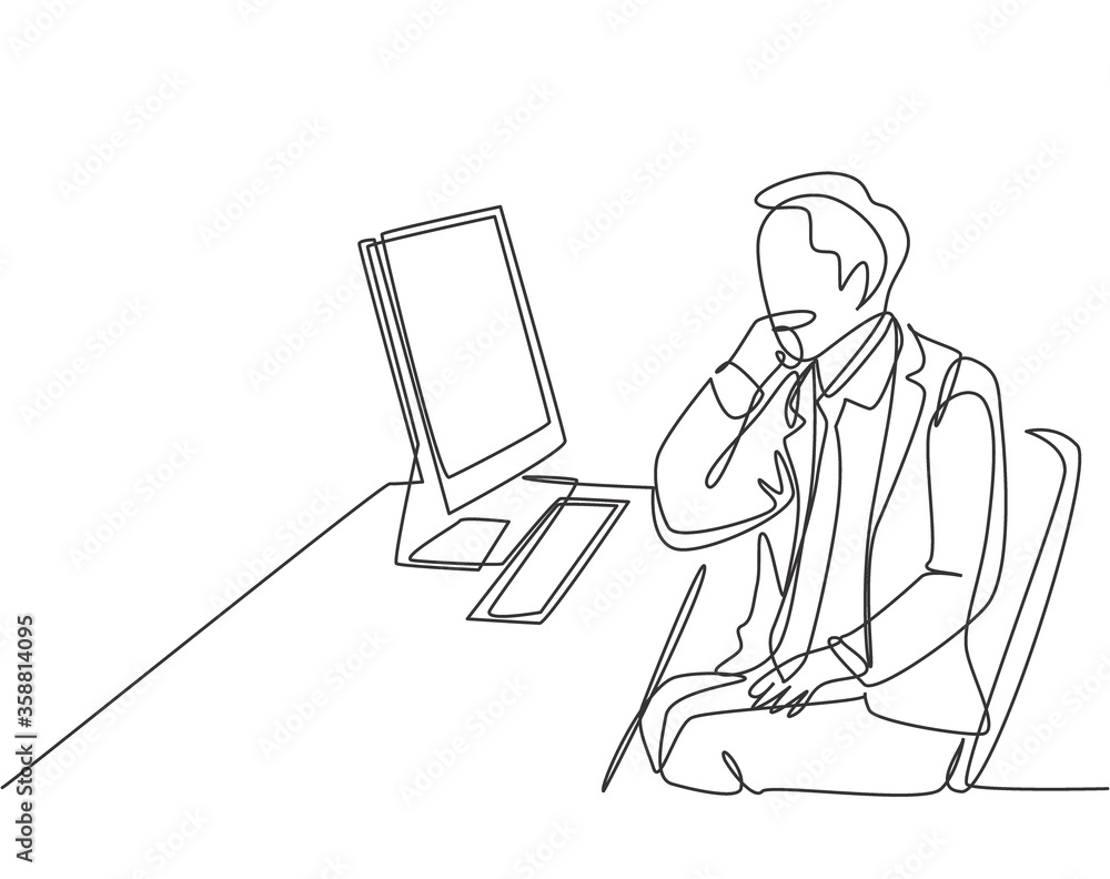 Aufkleber single continuous line drawing of young startup ceo sitting on the chair and thinking while focus wa