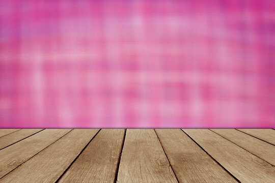 Brown Wooden Table In Front Of Pink Wallpaper Soft Blur Background , For Display Product