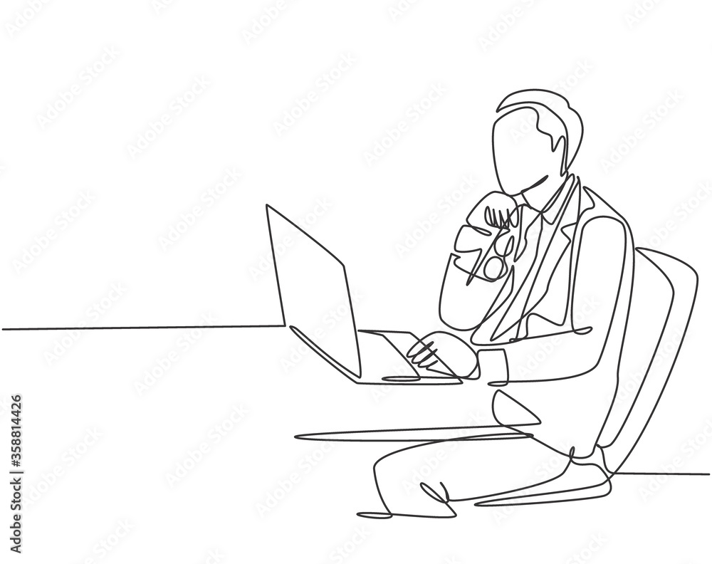 Poster one continuous line drawing of young manager focus thinking and holding his chin using hands while s