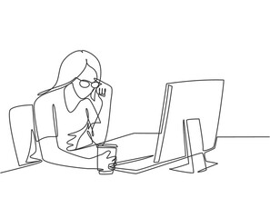 One single line drawing of young female businesswoman sitting and analyzing data chart on computer screen while hold a drink. Business analyze concept continuous line draw design vector illustration