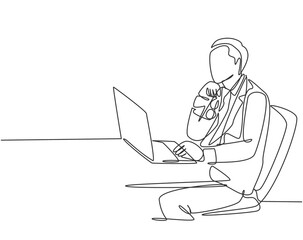 One continuous line drawing of young manager focus thinking and holding his chin using hands while sitting in front the computer. Business idea concept single line draw design vector illustration