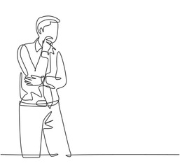 One single line drawing of young male manager focus thinking solution for company problems at the office. Solution strategy concept. Trendy continuous line draw design graphic vector illustration