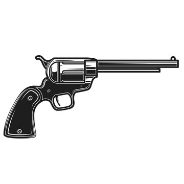 Illustration of cowboy revolver isolated on white background. Design element for poster, card, banner, logo, label, sign, badge, t shirt. Vector illustration