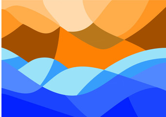 Geometric Mountain and Sunset Background  translucent waves, sea, abstract glass shapes, modern background, Trendy vector Illustration for Wallpaper, Banner, website , Card, Book Illustration, landing