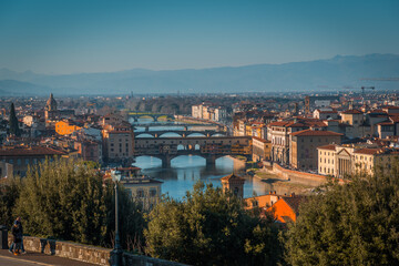 Fototapeta na wymiar FLORENCE, TUSCANY / ITALY - DECEMBER 27 2019: View from the top on Florence city in Italy