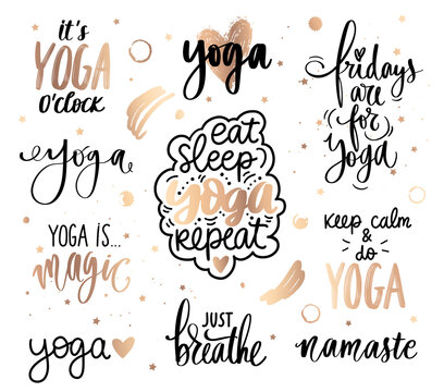 Yoga Golden Quotes Collection. Slogan Set About Calm, Breath, Meditation.